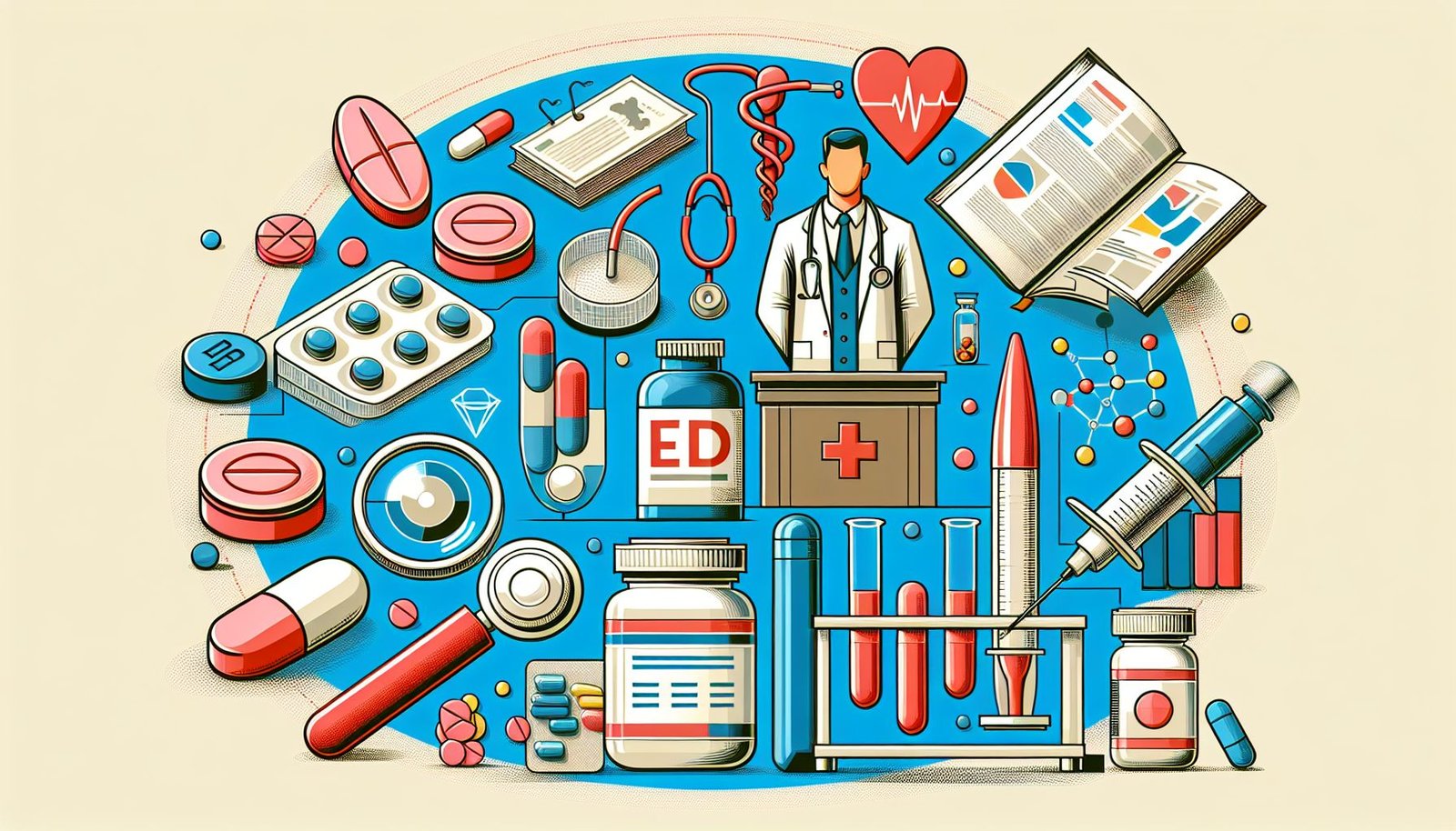 Assorted ED pills and blister packs on a doctor's desk, symbolizing comprehensive erectile dysfunction treatment options